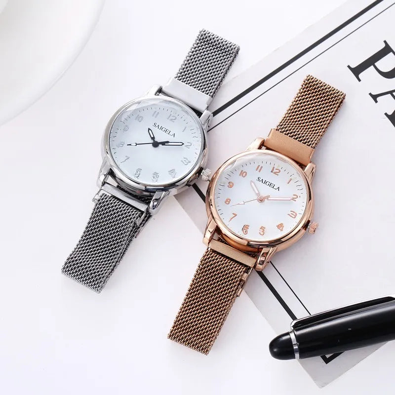 Women's Stainless Steel Watch with Simple Fashion Design, Waterproof Mesh Strap, and Magnet Buckle - Maliame Store