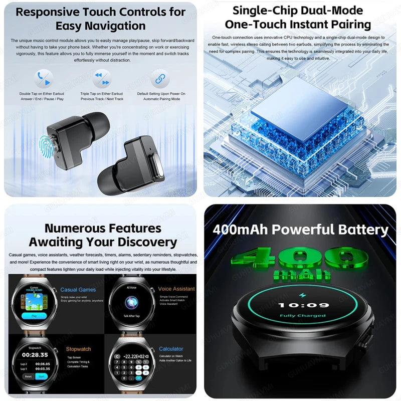 2025 New Man Smart Watch TWS Headset Two In One Wireless Bluetooth Dual Earbuds Call Health Monitor Sport Tracker NFC Smartwatch - Maliame Store