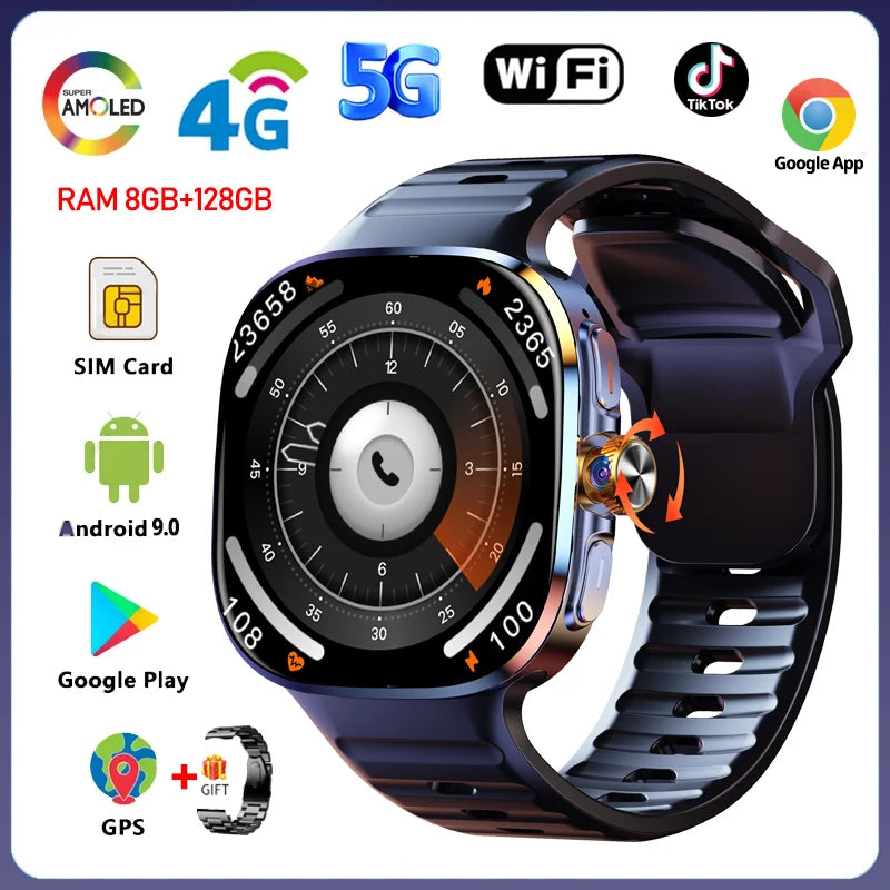 Montre Intelligente 5G/4G Tout Réseau Appel Vidéo sur Grand Écran HD 2,40 pouces 720*720 8 Go+128 Go de RAM Google Play WIFI GPS Smartwatch 2100 mAh