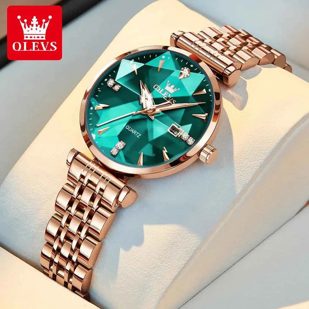 OLEVS Women Luxury Watch Stainless Steel Quartz with Zircon Scale - Original Fashion Automatic Date Ladies Watch - Maliame Store
