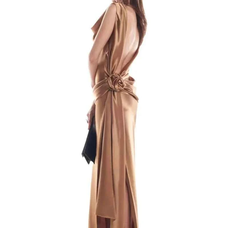 Elegant Satin Dress for Women Sexy Spliced Floral Hollow Out Backless Slit Long Dresses 2025 New Chic Temperament Cocktail Dress