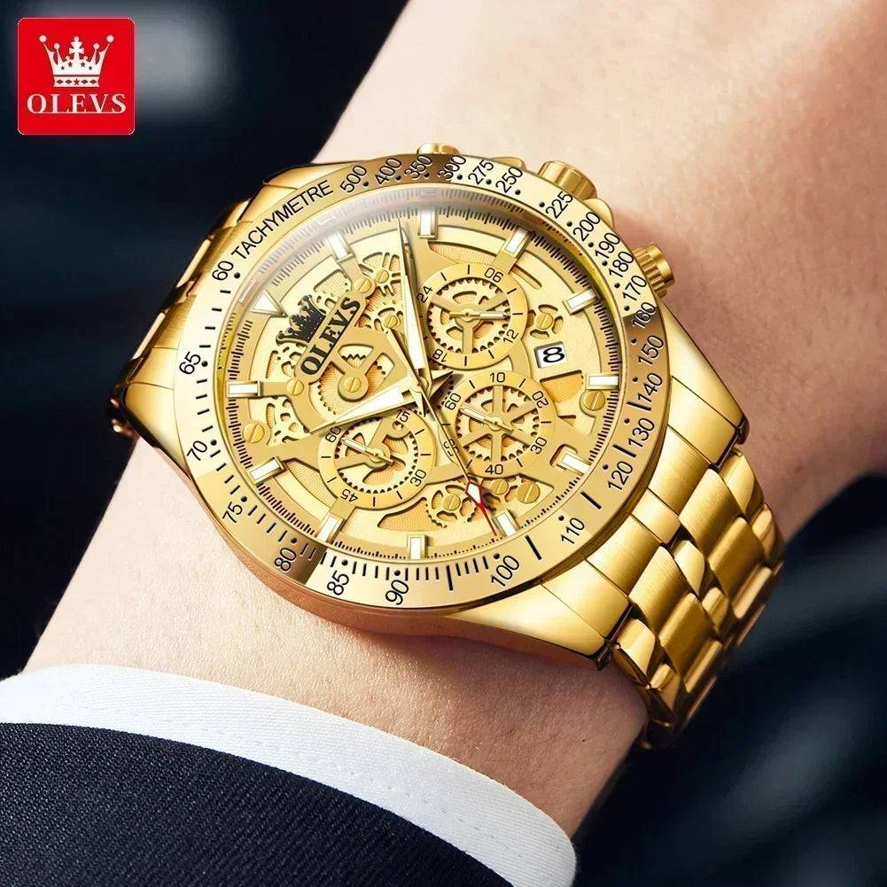OLVES Luxury Men's Watches Golden Stainless Steel Man Watch Luminous Quartz Wrist Watch Automatic Movement Watches for Men Clock