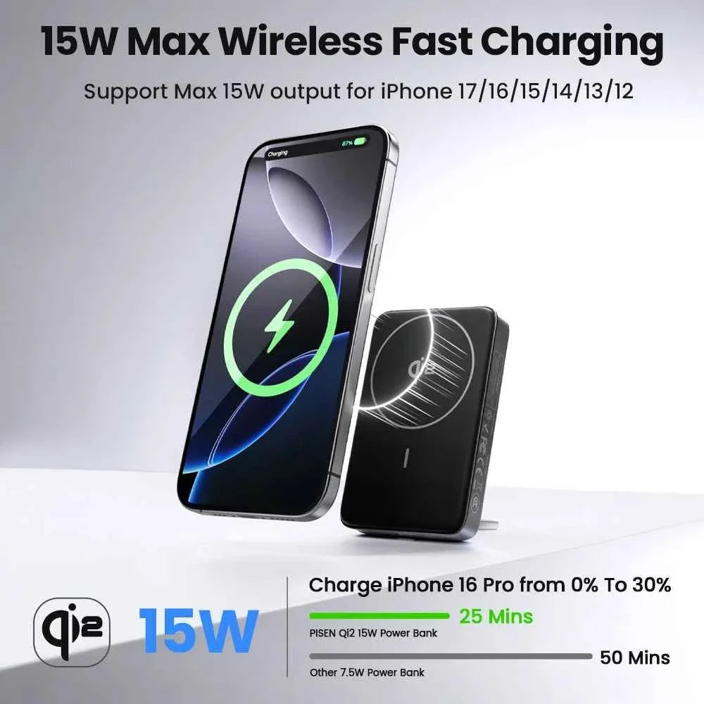 PISEN PD 30W Qi2 15W Wireless Magnetic Power Bank 10000mAh With Stand Fast Charging CCC Powerbank For MagSafe iPhone 17 16 15 14 - Maliame Store