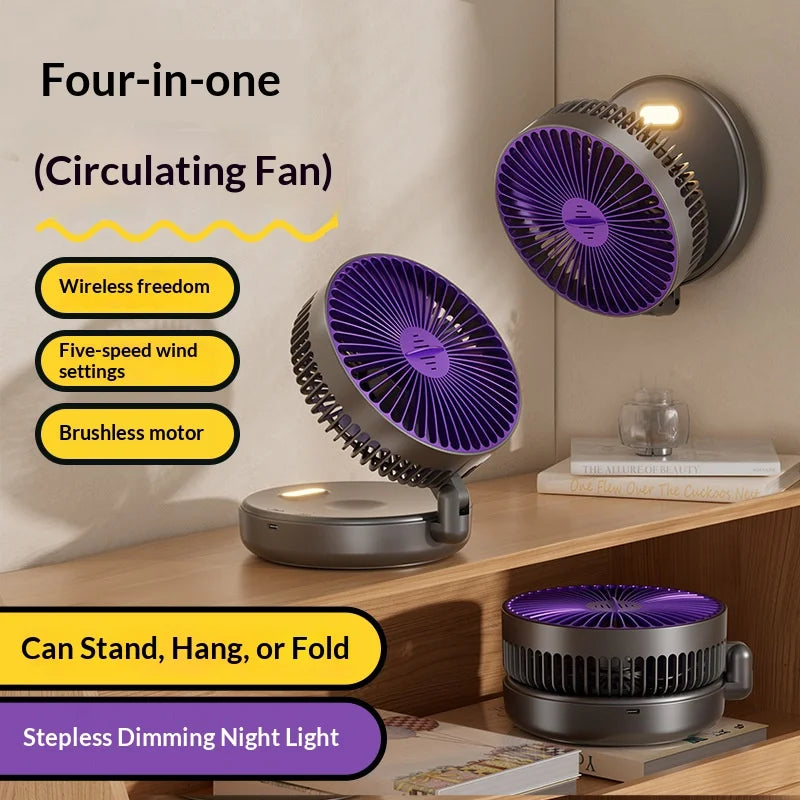 Ventilateur Pliable Rechargeable – Phosphorescent, Silencieux, Fixation Murale