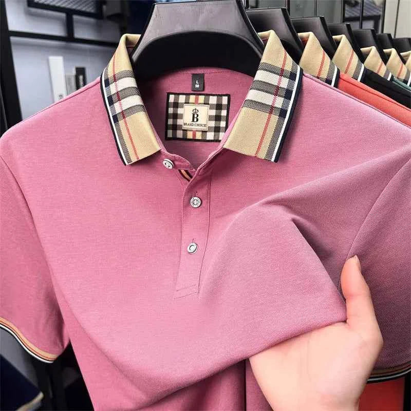 Luxury brand short sleeve polo shirt men's summer new silk cotton breathable fashion top casual business plaid lapel T-shirt - Maliame Store