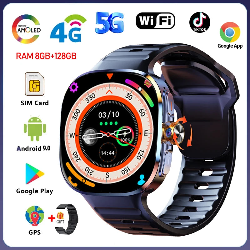 Montre Intelligente 5G/4G Tout Réseau Appel Vidéo sur Grand Écran HD 2,40 pouces 720*720 8 Go+128 Go de RAM Google Play WIFI GPS Smartwatch 2100 mAh