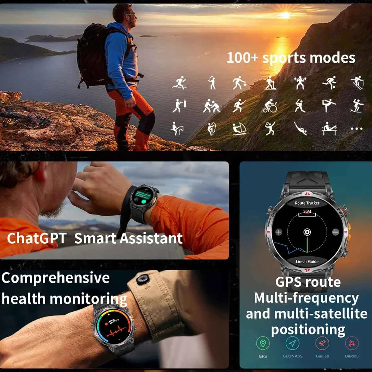 New T-Rex 3 Pro Military Smart Watch - Dual-Band GPS, 10ATM Water-Resistant, 560mAh Battery, Compass, Altimeter, AGPS for Men - Maliame Store