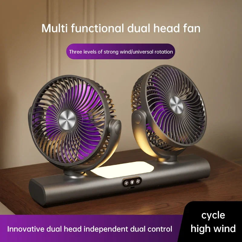 Ventilateur Double Tête Rechargeable – 3 Vitesses, Charge Type-C & Veilleuse