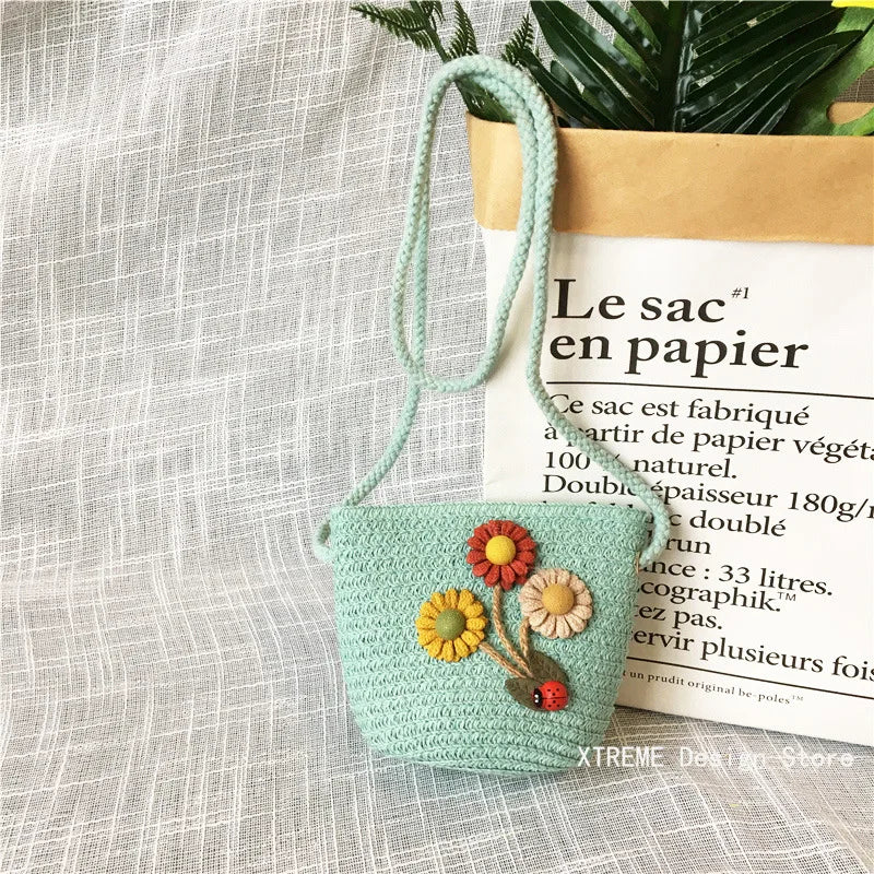 Summer Children's Straw Woven Messenger Bag Lovely Girls Small Coin Purse Handbags Baby Kids Mini Shoulder Bags Princess Wallet - Maliame Store