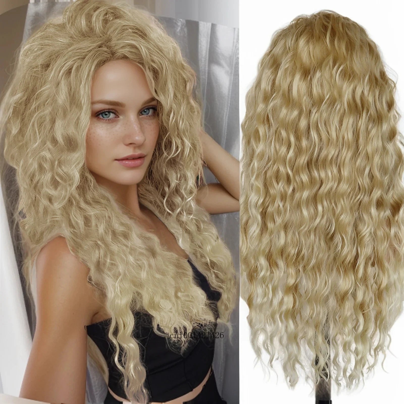 New Ash Blonde Wig Synthetic Long Curly Hair Wigs for Women Fluffy Wave Ombre Wig Costume Carnival Party Regular Cur Wig 26 Inch - Maliame Store