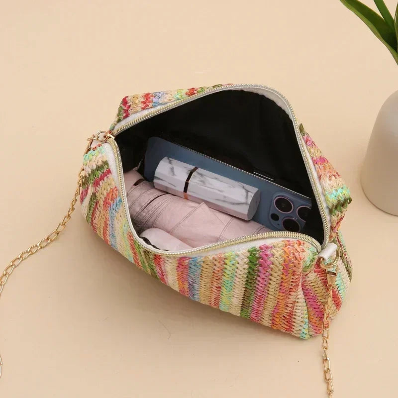 Rattan Knitting Women Straw Bag Beach Summer Chain Small Purse and Handbag Female Shoulder Crossbody Bags Travel Design Flap Bag - Maliame Store