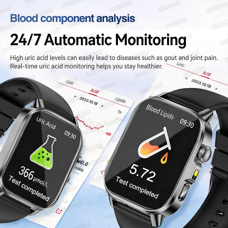 Nouvelle montre intelligente ECG de diagnostic de santé précis pour hommes, tension artérielle, oxygène sanguin, graisse sanguine, acide urique, température, appel Bluetooth