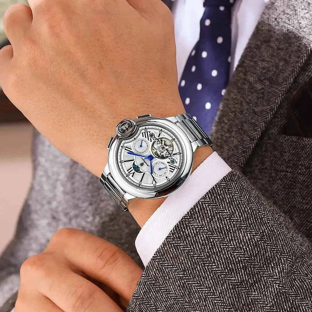 POEDAGAR Luxury Business Male Watch Date Week Stainless Steel Tourbillon Men Clock Waterproof Automatic Mechanical Men's Watches - Maliame Store