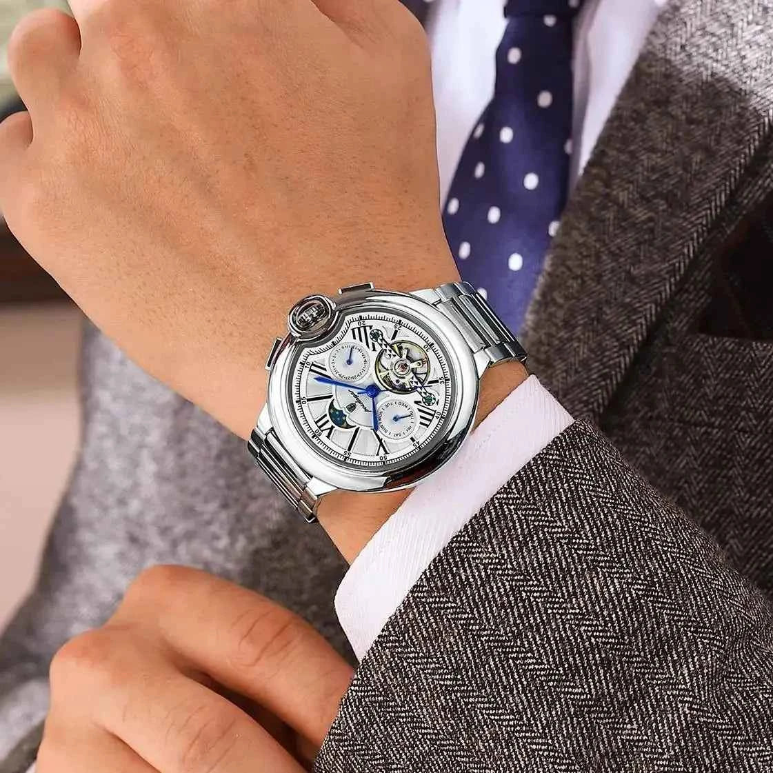 POEDAGAR Luxury Business Male Watch Date Week Stainless Steel Tourbillon Men Clock Waterproof Automatic Mechanical Men's Watches - Maliame Store