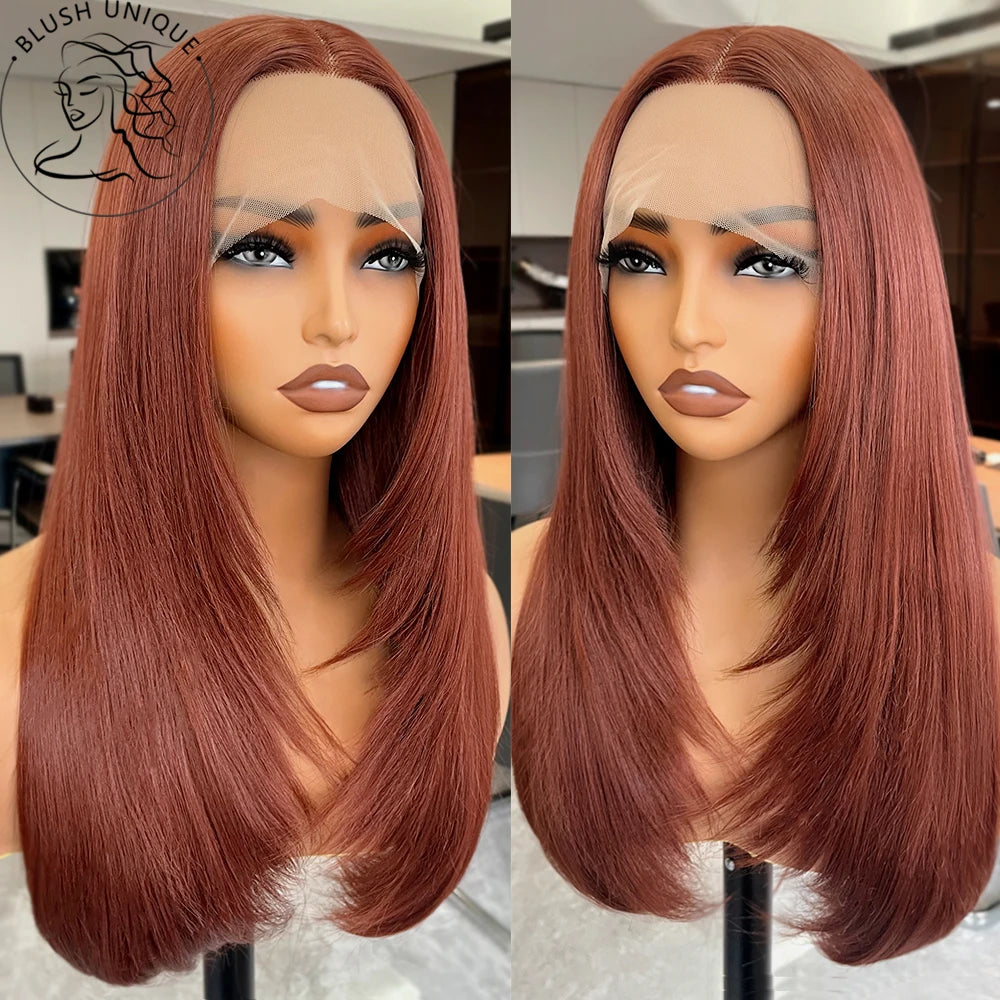 HD Straight Lace Front Wig Layered Wigs Reddish Brown Layered Cut Lace Wigs Copper Red Synthetic Butterfly Haircut Glueless Wigs - Maliame Store