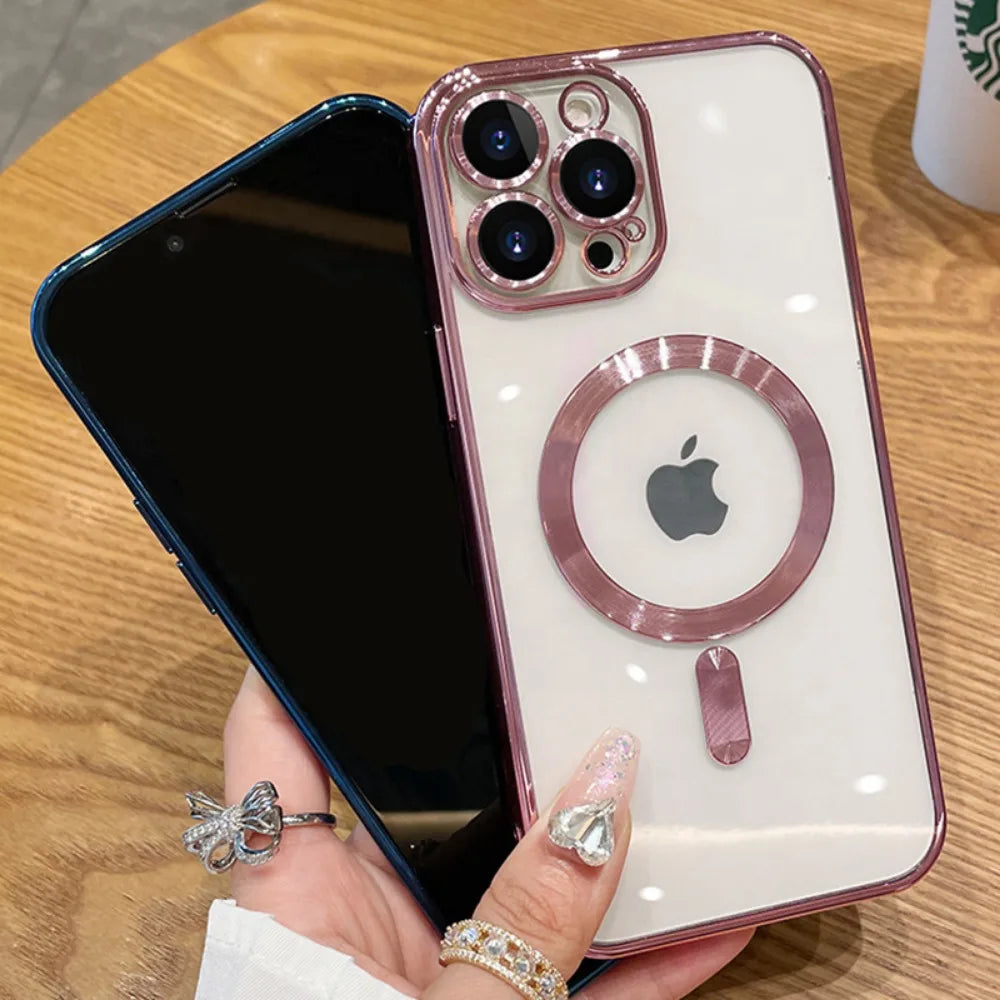 Luxury For Magsafe Magnetic For iPhone 17 16 15 14 13 12 11 Pro Max Plus 17 Air Transparent Pink Soft Lens Protection Case Cove