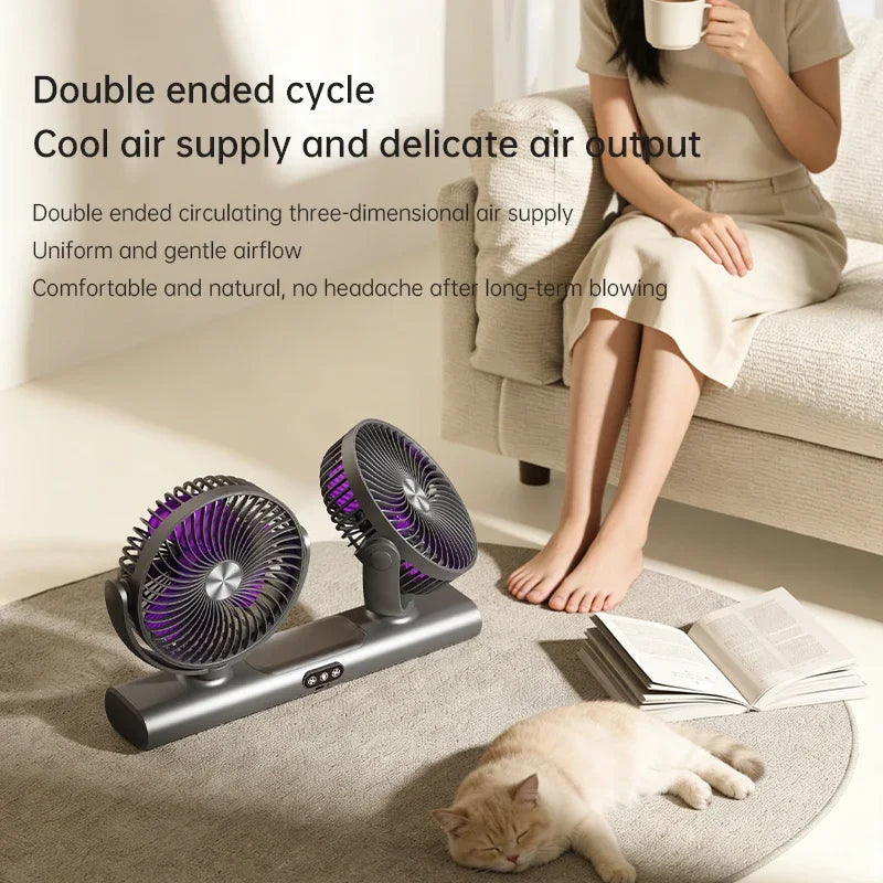 Ventilateur Double Tête Rechargeable – 3 Vitesses, Charge Type-C & Veilleuse