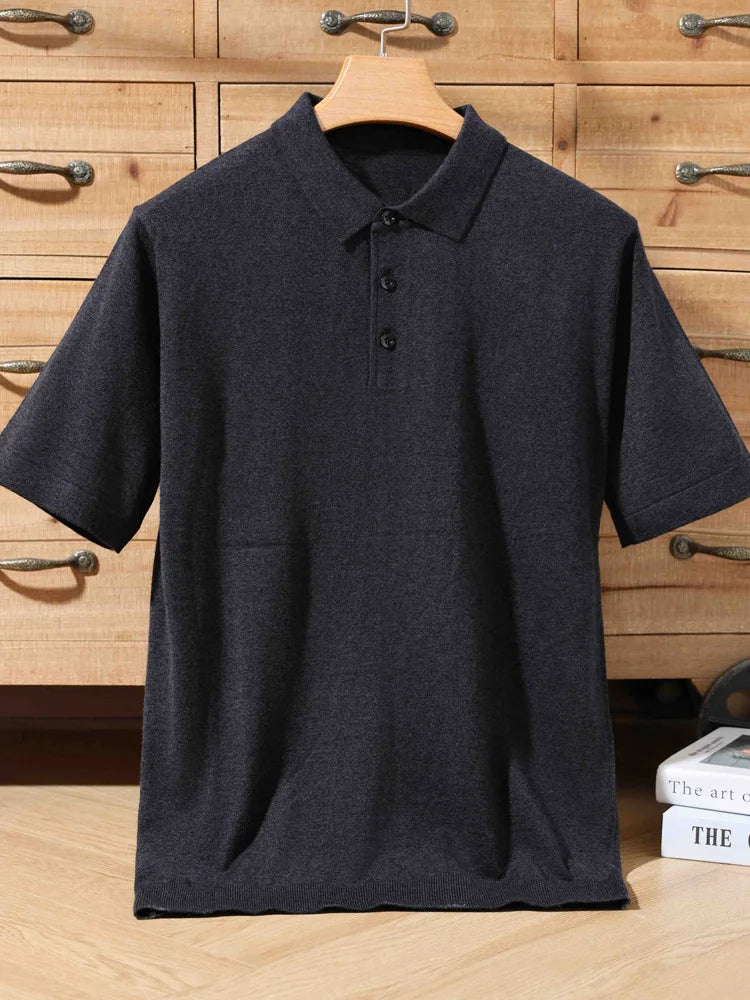 100% merino sweater summer men's lapel pullover short sleeve POLO neck sweater loose top knitted clothing plus size T-shirt - Maliame Store