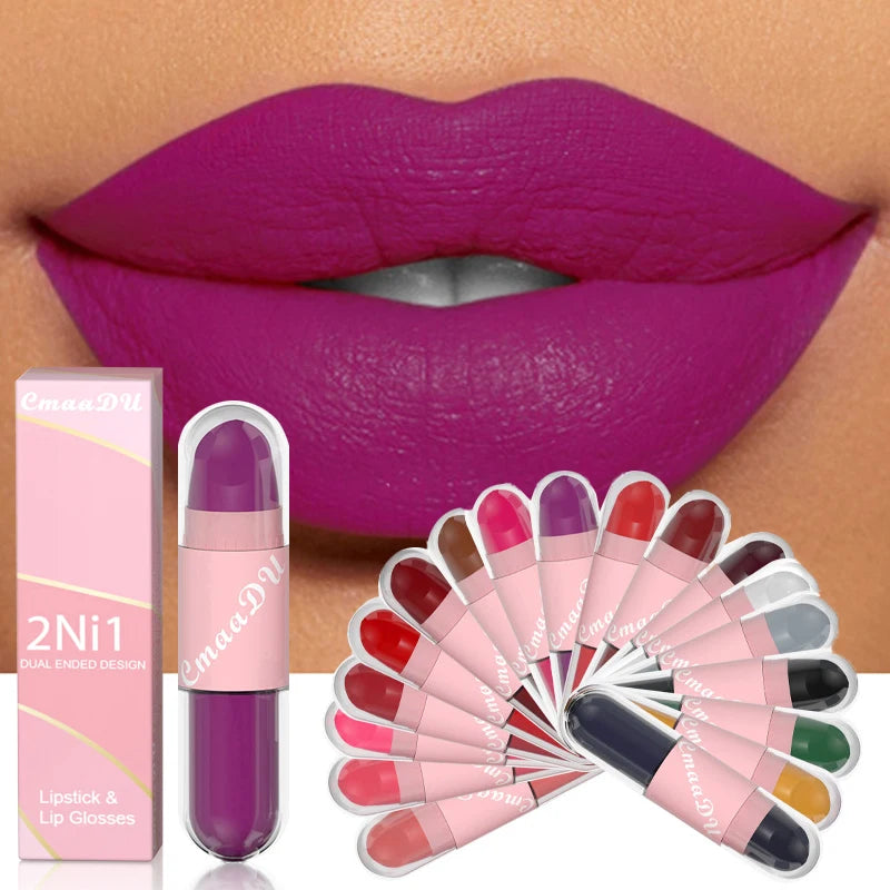 18 Colors 2 in 1 Matte Lipstick Liquid Purple Lip Glaze Double Head Lip Makeup Lasting Waterproof Velvet Sexy Dark Red Lipsticks - Maliame Store