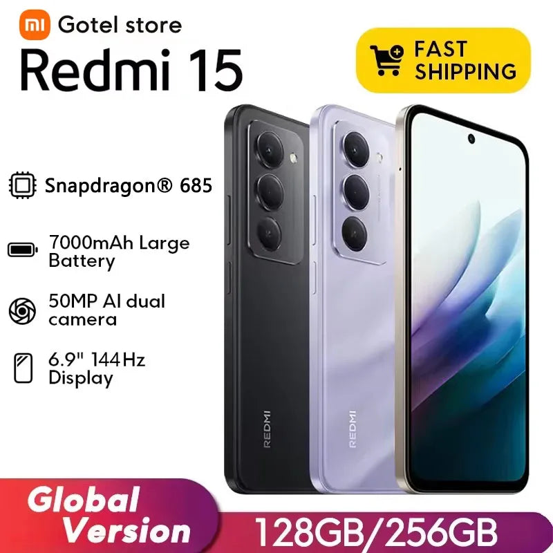 Xiaomi Redmi 15 Global Version Smartphone Snapdragon® 685 6.9" FHD+ DotDisplay 50MP Camera 144Hz 7000mAh 33W IP64 - Maliame Store