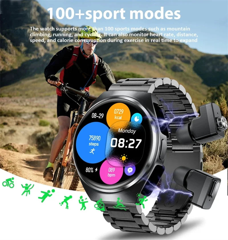 2025 New Man Smart Watch TWS Headset Two In One Wireless Bluetooth Dual Earbuds Call Health Monitor Sport Tracker NFC Smartwatch - Maliame Store