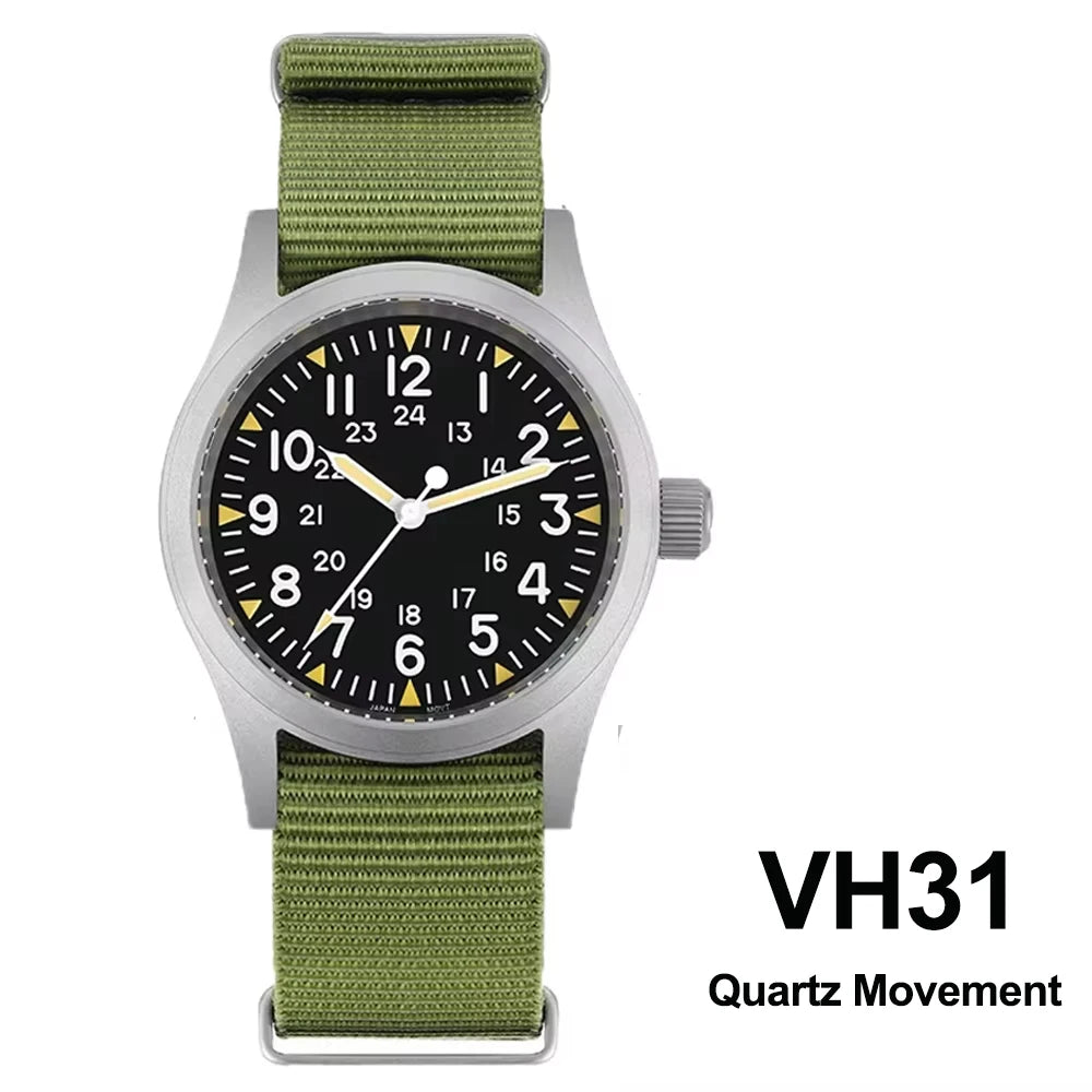 Militado ML05 38mm Military Field Watch VH31 Sweep Quartz Movement Domed Sapphire Crystal Waterproof 100M Super Luminous Watches