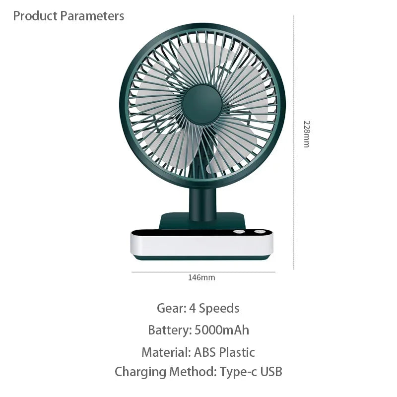 Ventilateur de bureau oscillant rechargeable par USB, 4 vitesses, mini ventilateur de table rafraîchissant de 5000 mAh, tête réglable, ventilateur personnel pour la maison et le bureau