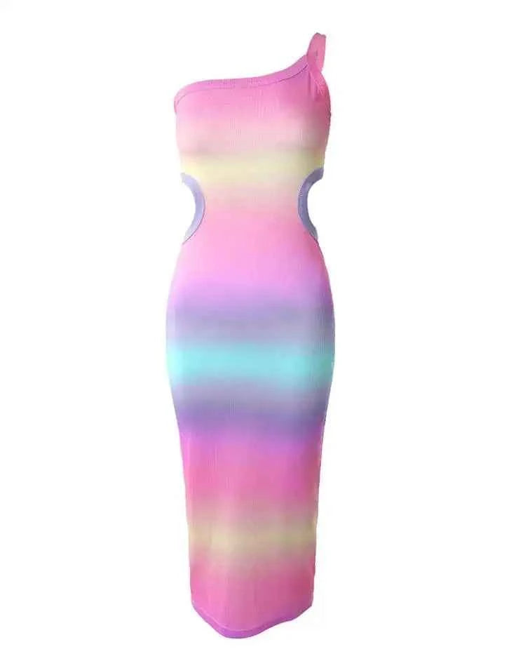 Sexy Spicy Girl Dress 2025 Spring Summer Elegant Ombre One Shoulder Tie Dye Cutout Ribbed Women Bodycon Midi Dress Casual Style