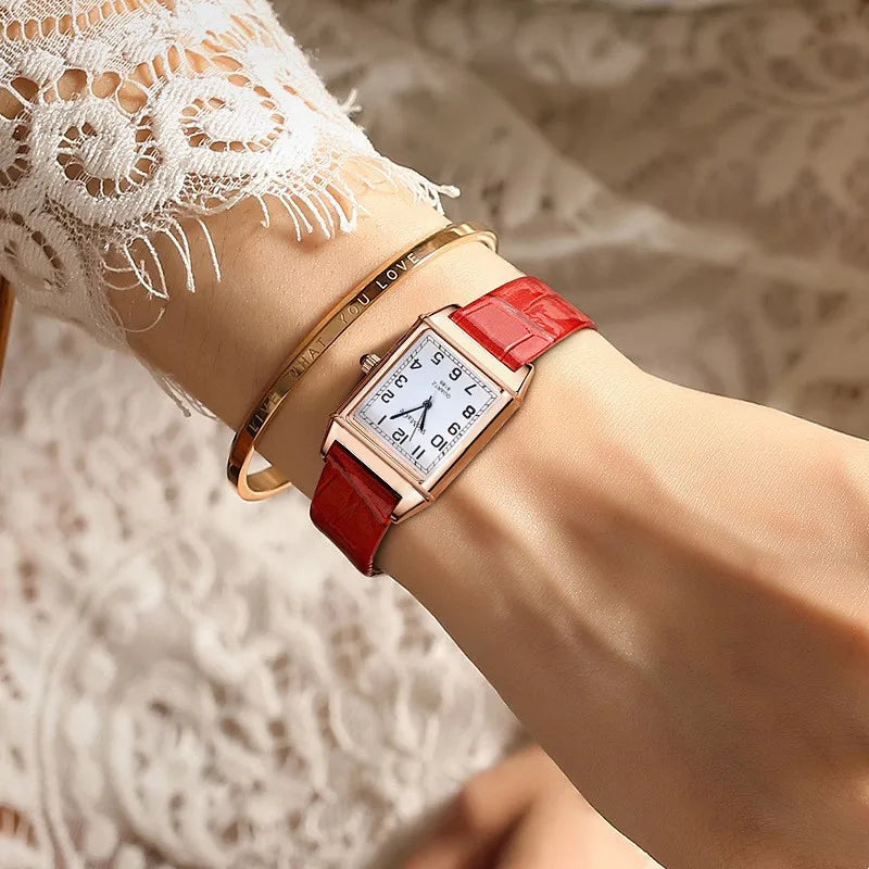 Fashion Women Watches Luxury Metal Rose Gold Square Ladies Quartz Wristwatch Rectangle Red Leather Female Clock - Maliame Store