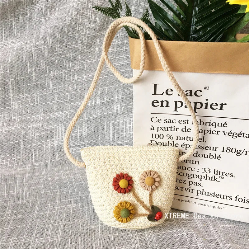 Summer Children's Straw Woven Messenger Bag Lovely Girls Small Coin Purse Handbags Baby Kids Mini Shoulder Bags Princess Wallet - Maliame Store