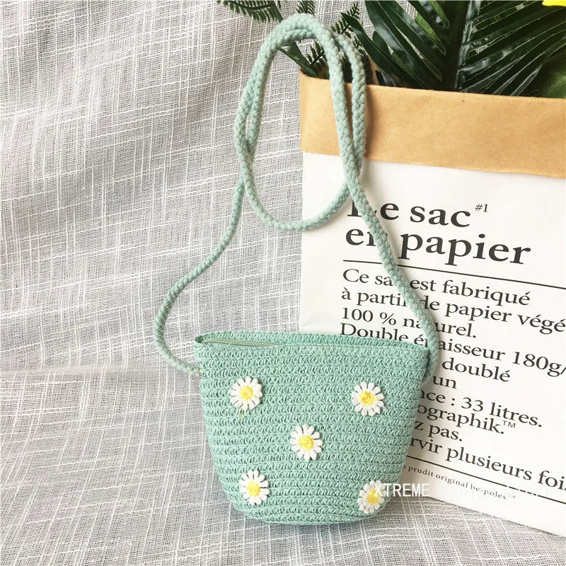 Summer Children's Straw Woven Messenger Bag Lovely Girls Small Coin Purse Handbags Baby Kids Mini Shoulder Bags Princess Wallet - Maliame Store