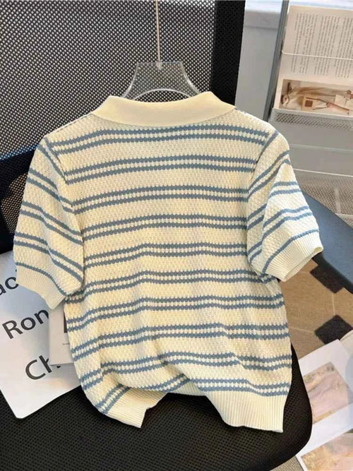 2024 Striped Short Sleeve Women's T-Shirt - Polo Neck Knitting Slim Fit Top for Women S145 - Maliame Store