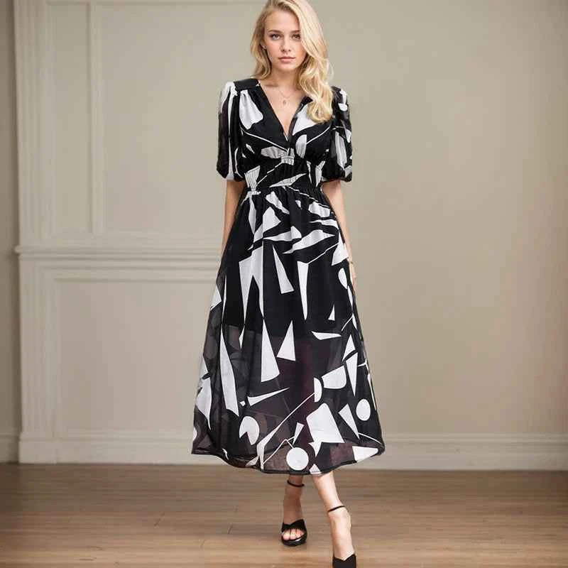 Sexy V Neck Dress For Women Luxury Deep V Neck Quarter Sleeve Elastic Waist Floral Dresses Casual Resort Tea Break A-Line Dress