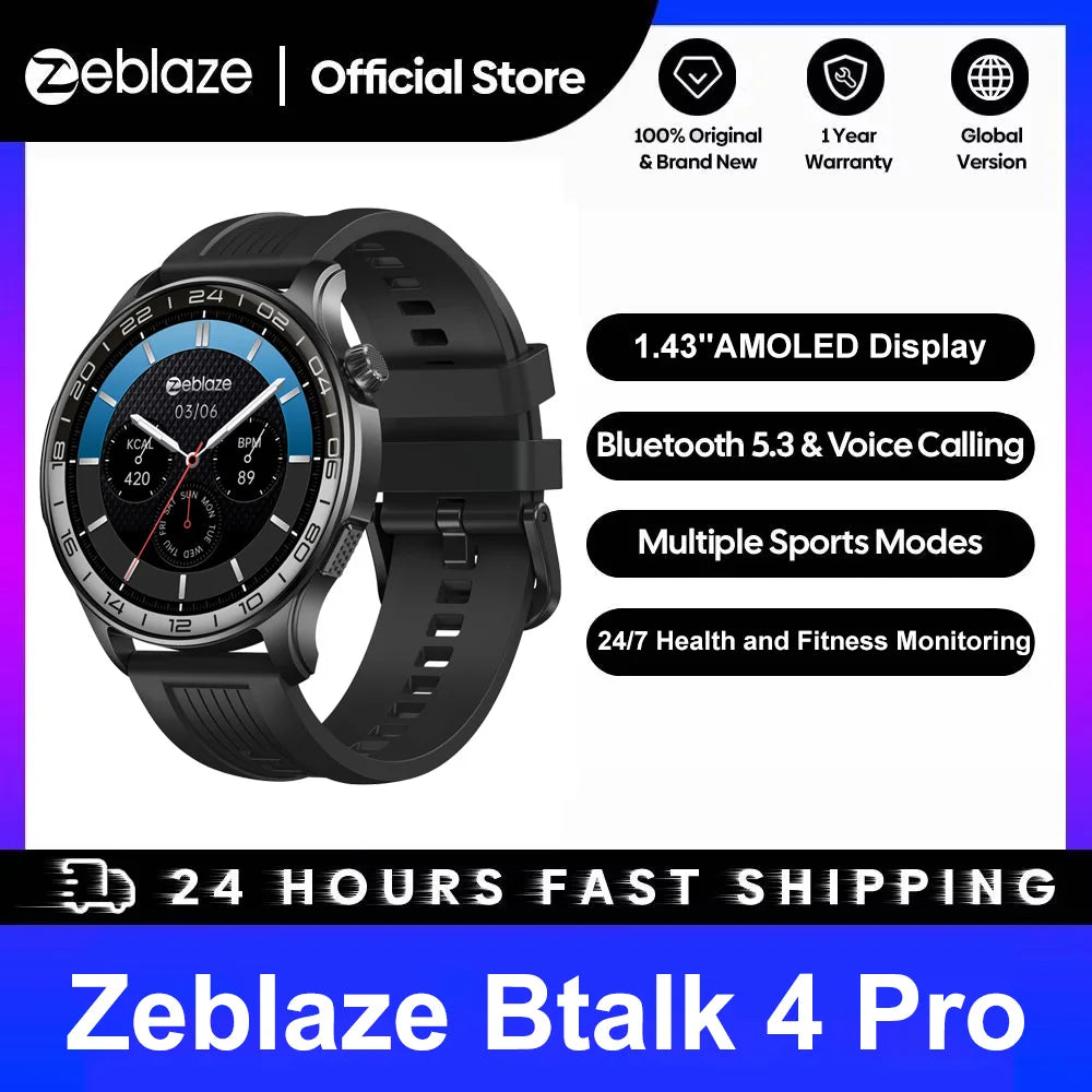 Zeblaze Btalk 4 Pro — Smartwatch Appels Bluetooth | Écran AMOLED 1.43" | Santé & Sport | Pour Hommes
