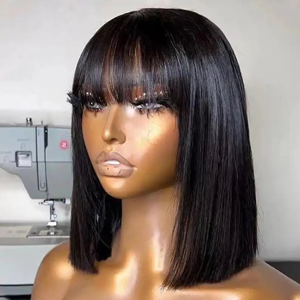 Short Bob Wig with Bangs Straight Human Hair Bob with Bangs Wig Human Hair 180% Density Straight Bang Bob Wig For Women - Maliame Store