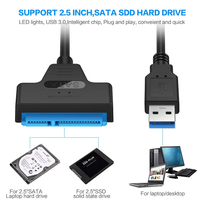 SATA to USB 3.0 / 2.0 Cable Up to 6 Gbps for 2.5 Inch External HDD SSD Hard Drive SATA 3 22 Pin Adapter USB 3.0 to Sata III Cord - Maliame Store