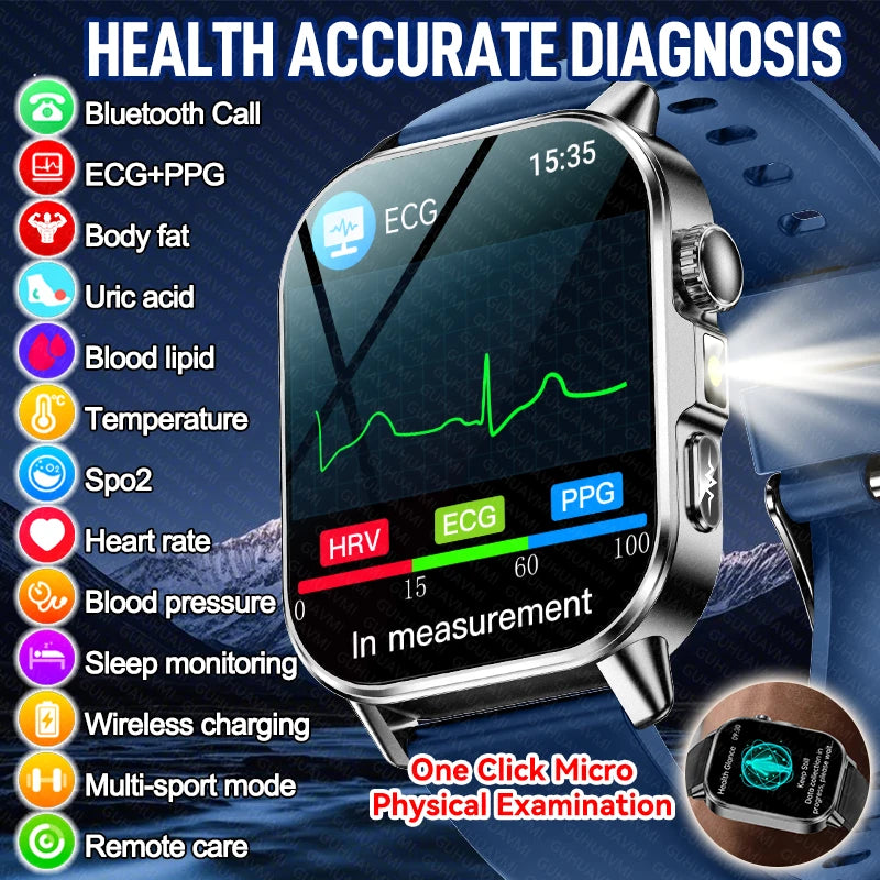 Nouvelle montre intelligente ECG de diagnostic de santé précis pour hommes, tension artérielle, oxygène sanguin, graisse sanguine, acide urique, température, appel Bluetooth