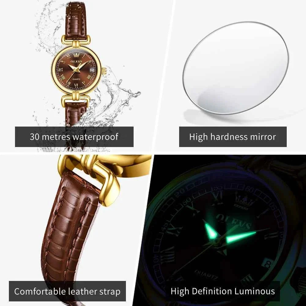 Womens Elegant Quartz Watch - Original Waterproof Leather Strap with Luminous Date Feature, Perfect Gift for Ladies and Girls - Maliame Store