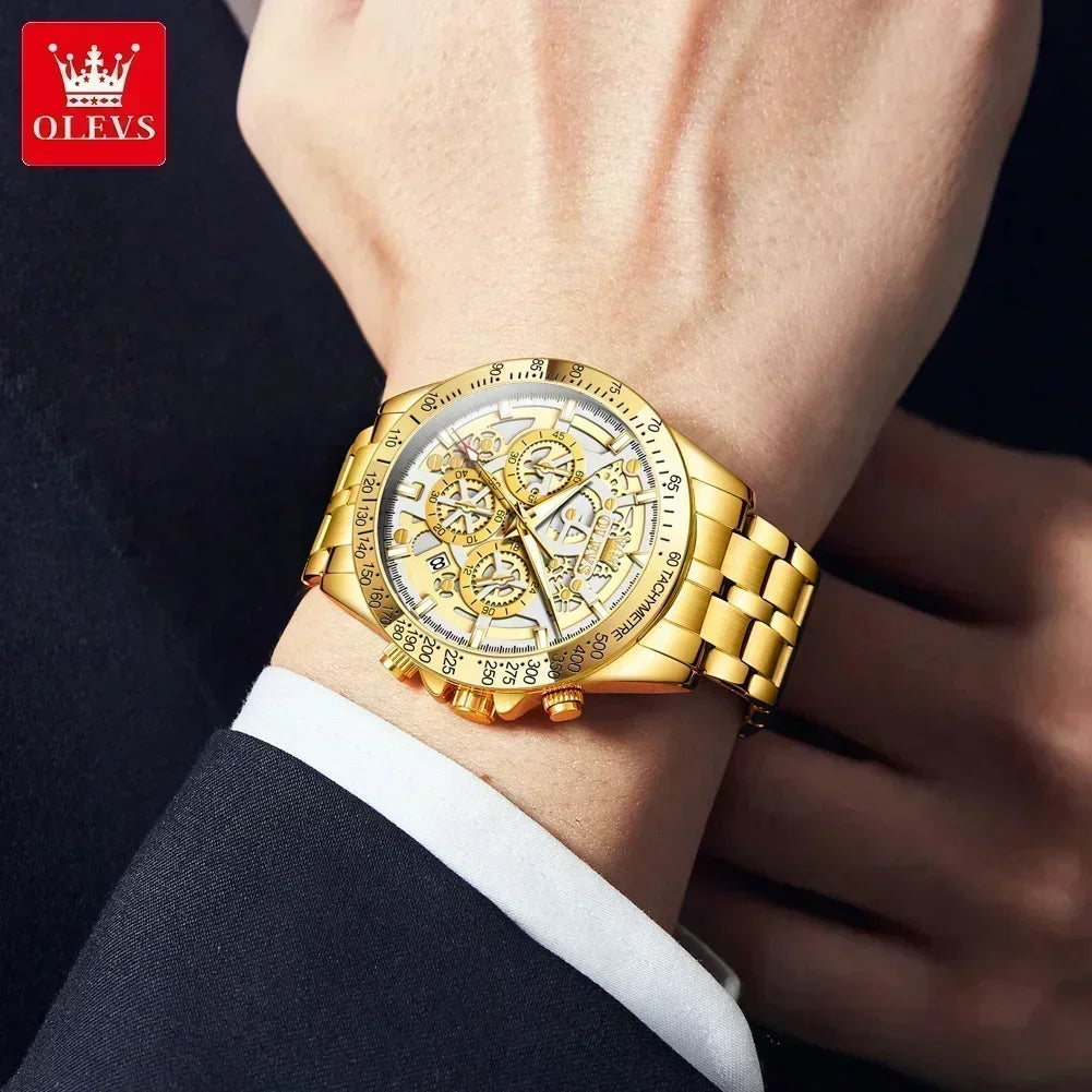 OLVES Luxury Men's Watches Golden Stainless Steel Man Watch Luminous Quartz Wrist Watch Automatic Movement Watches for Men Clock