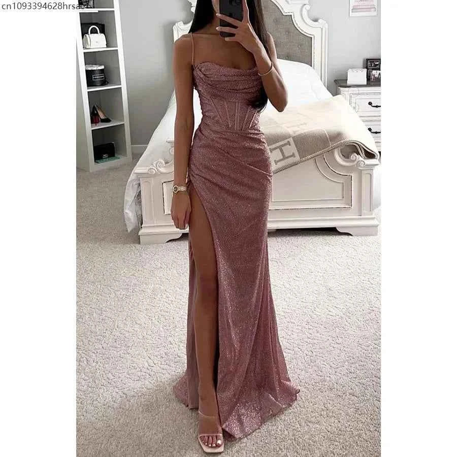 Sexy Off-shoulder Gown Dress Elegant Sequin Maxi Dresses for Evening Party Prom Slip Slim Split Long Canonicals