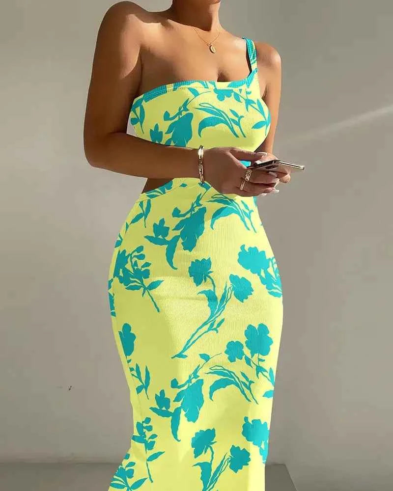 Sexy Spicy Girl Dress 2025 Spring Summer Elegant Ombre One Shoulder Tie Dye Cutout Ribbed Women Bodycon Midi Dress Casual Style