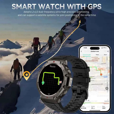 Reloj inteligente militar T-Rex 3 Pro con GPS de doble banda integrado, brújula, resistente al agua hasta 10 ATM e IP69K, altímetro barométrico y pulsera deportiva.