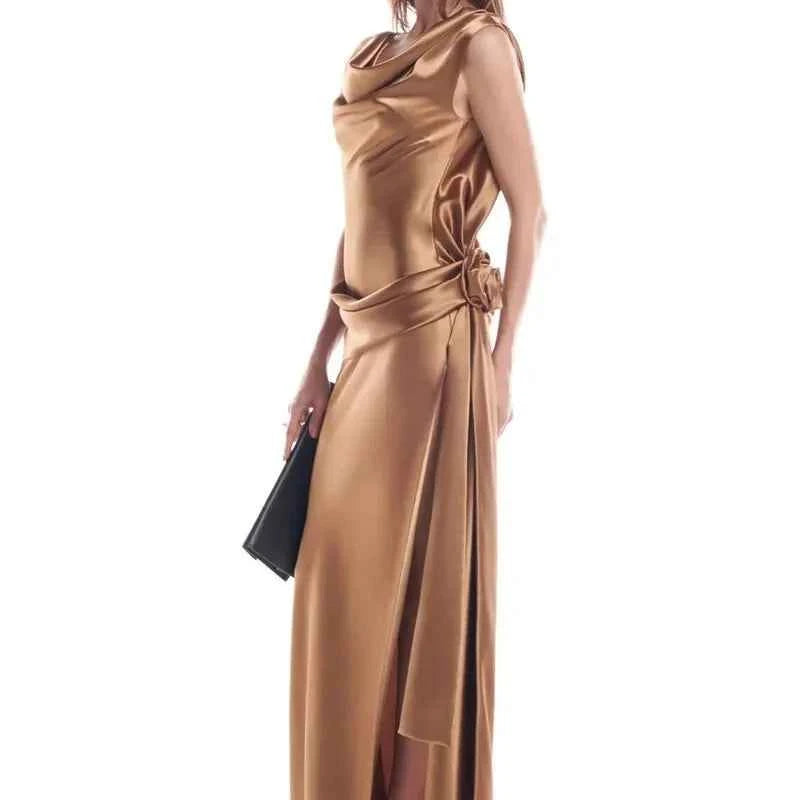 Elegant Satin Dress for Women Sexy Spliced Floral Hollow Out Backless Slit Long Dresses 2025 New Chic Temperament Cocktail Dress