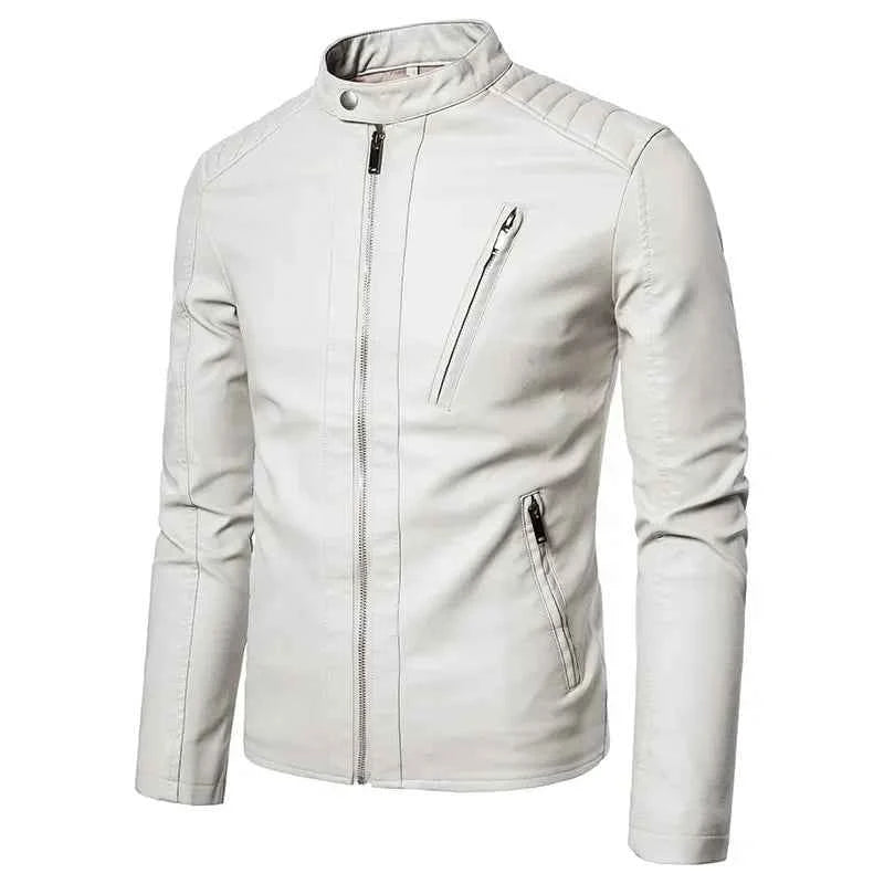 Stand Collar Jackets Fashion Casual Trend White Windproof Coat Streetwear Spring Autumn Men's Motorcycle Leather Jacket Solid