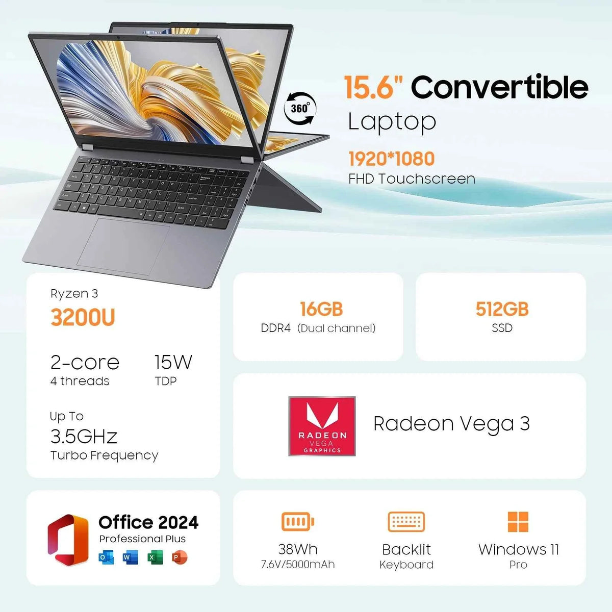 2 in 1 Laptop Computer,15.6" 16GB 512GB Touchscreen , AMD Ryzen R3 3200U, Radeon Vega 3, 1920x1080 FHD Display Blacklit Keyboard - Maliame Store