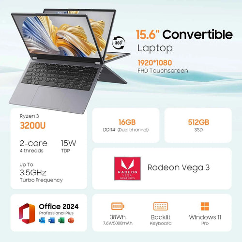 2 in 1 Laptop Computer,15.6" 16GB 512GB Touchscreen , AMD Ryzen R3 3200U, Radeon Vega 3, 1920x1080 FHD Display Blacklit Keyboard