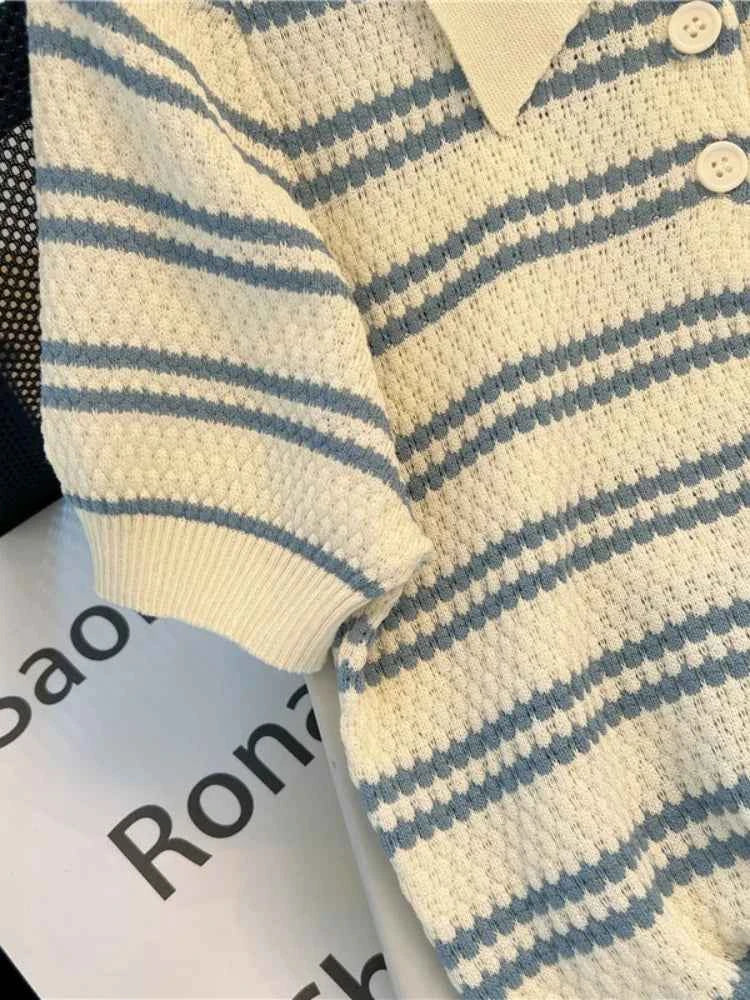 2024 Striped Short Sleeve Women's T-Shirt - Polo Neck Knitting Slim Fit Top for Women S145 - Maliame Store