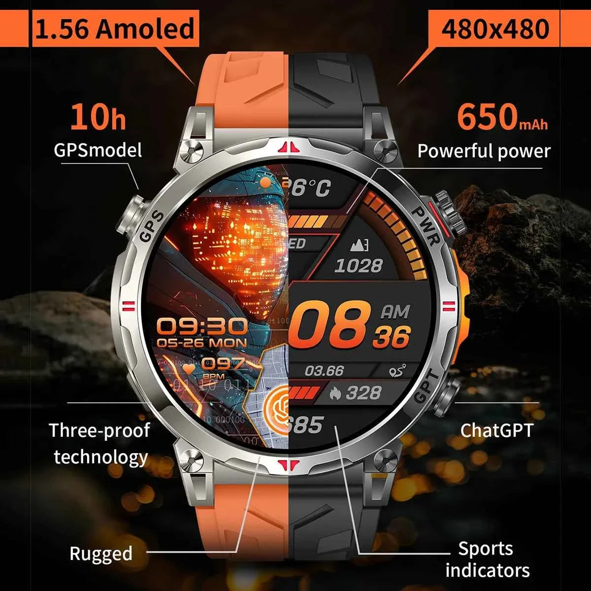 New T-Rex 3 Pro Military Smart Watch - Dual-Band GPS, 10ATM Water-Resistant, 560mAh Battery, Compass, Altimeter, AGPS for Men - Maliame Store