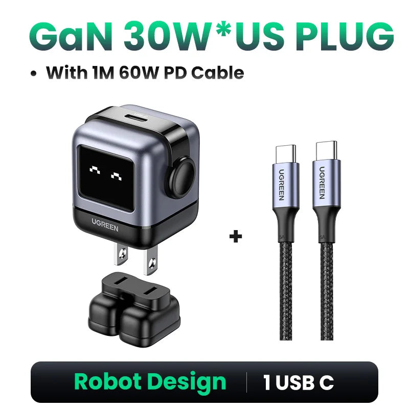 【US Plug】UGREEN 30W 65W GaN Charger Robot Design PD3.0 Fast Charger PPS for iPhone 17 16 Macbook Laptops Samsung XiaomiTablets - Maliame Store