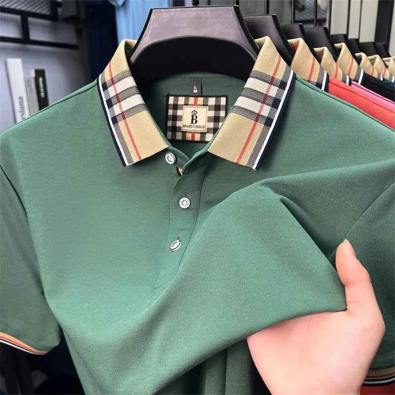 Luxury brand short sleeve polo shirt men's summer new silk cotton breathable fashion top casual business plaid lapel T-shirt - Maliame Store